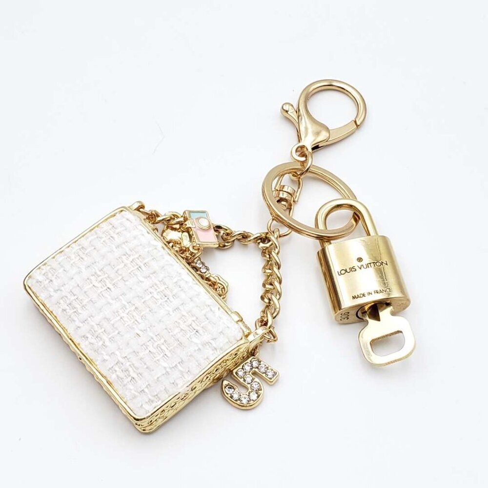 Authentic Louis Vuitton Padlock & Key Gold ✨Unbranded Tweed Bag Charm Keychain - Picture 5 of 8